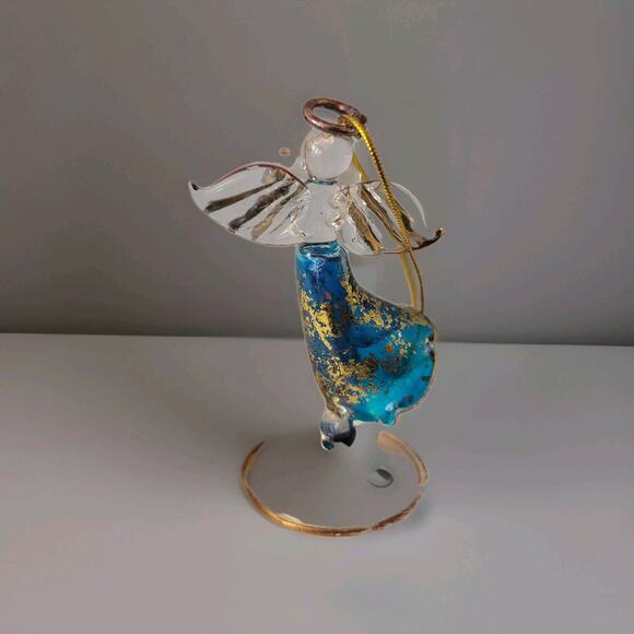 Angel Hand Blown Glass Ornament Blue, Gold and Clear 3" tall Can Stand or Hang - Picture 3 of 7